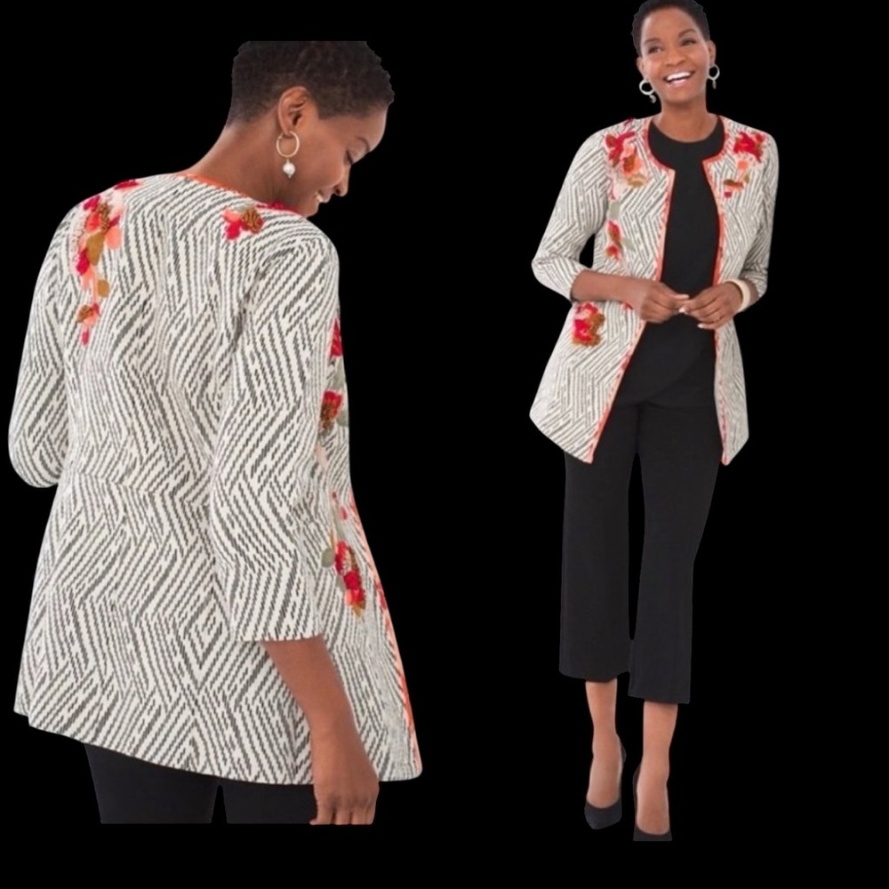 Chico's Size 2‎ Large Artisan Applique Embellished Knit Blazer Cream Black FALL